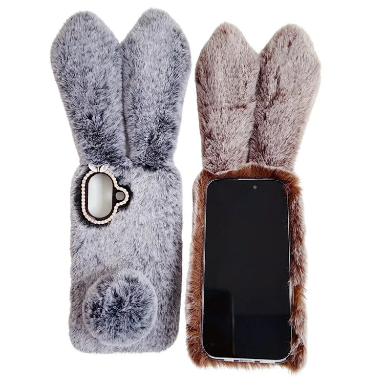 For iPhone 16 Case Bunny Ears Furry Soft Warm TPU Phone Cover