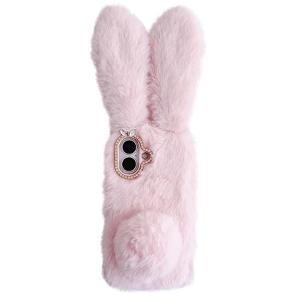 For iPhone 16 Case Bunny Ears Furry Soft Warm TPU Phone Cover