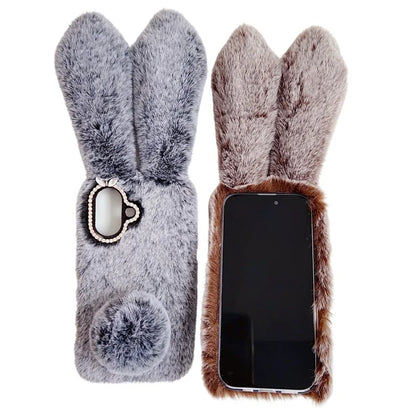 For iPhone 16 Case Bunny Ears Furry Soft Warm TPU Phone Cover