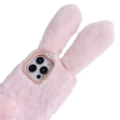 For iPhone 16 Pro Max Case Bunny Ears Furry Soft Warm TPU Phone Cover