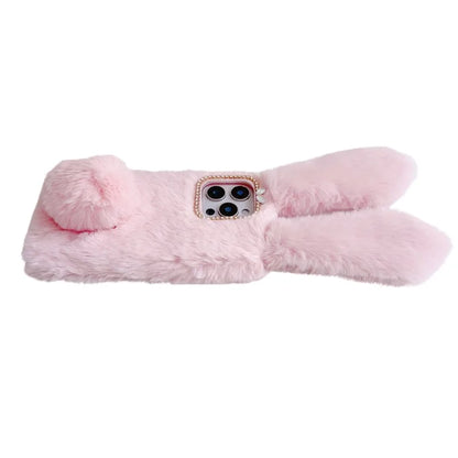 For iPhone 16 Pro Max Case Bunny Ears Furry Soft Warm TPU Phone Cover