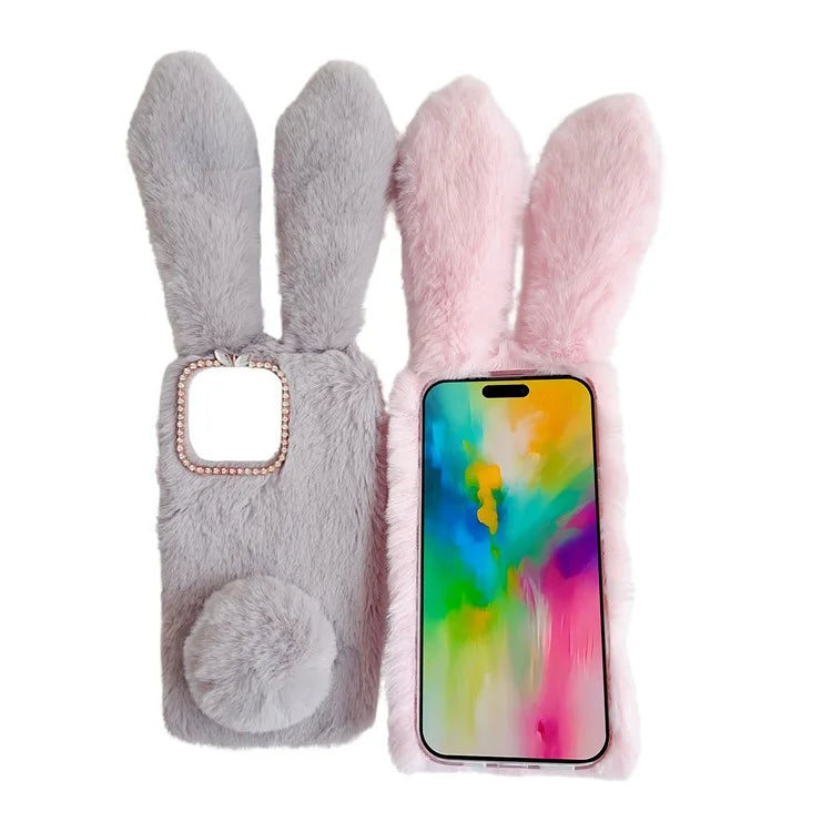 For iPhone 16 Pro Max Case Bunny Ears Furry Soft Warm TPU Phone Cover