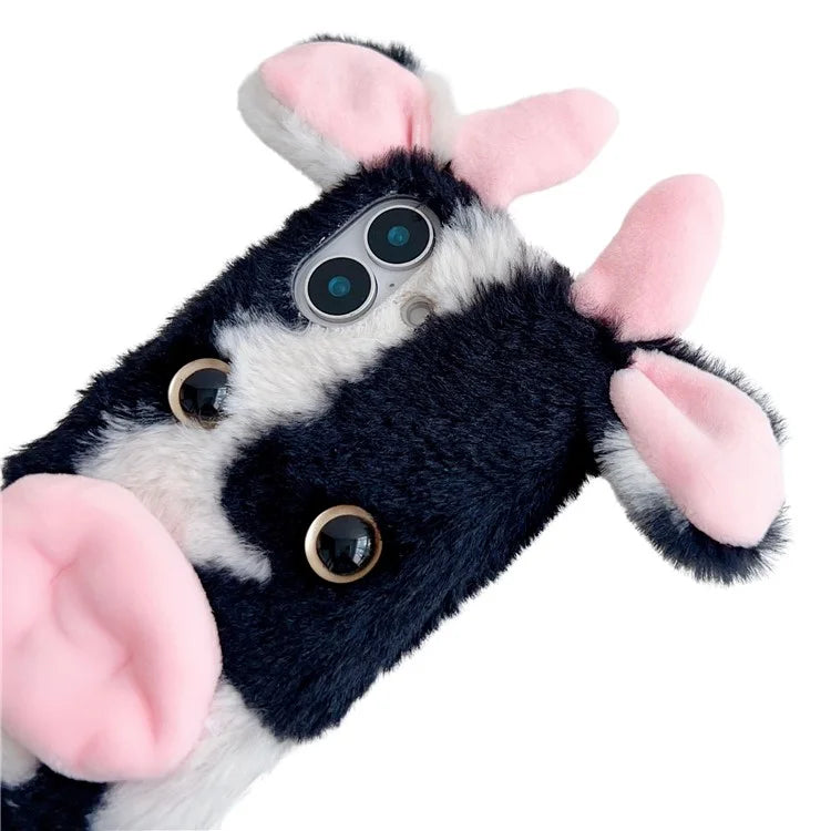 For iPhone 16 Case Fluffy Cows Ear Soft TPU Slim Phone Cover