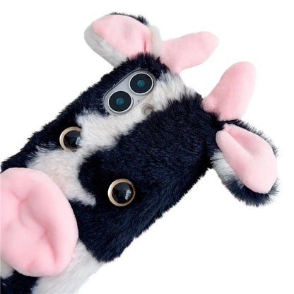 For iPhone 16 Case Fluffy Cows Ear Soft TPU Slim Phone Cover