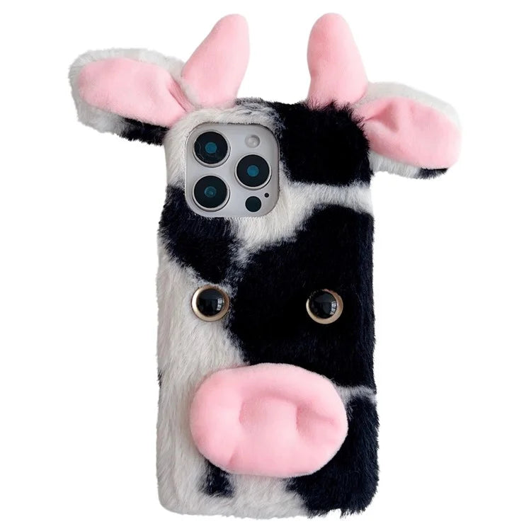 For iPhone 16 Pro Case Fluffy Cows Ear Anit-Drop Soft TPU Phone Cover