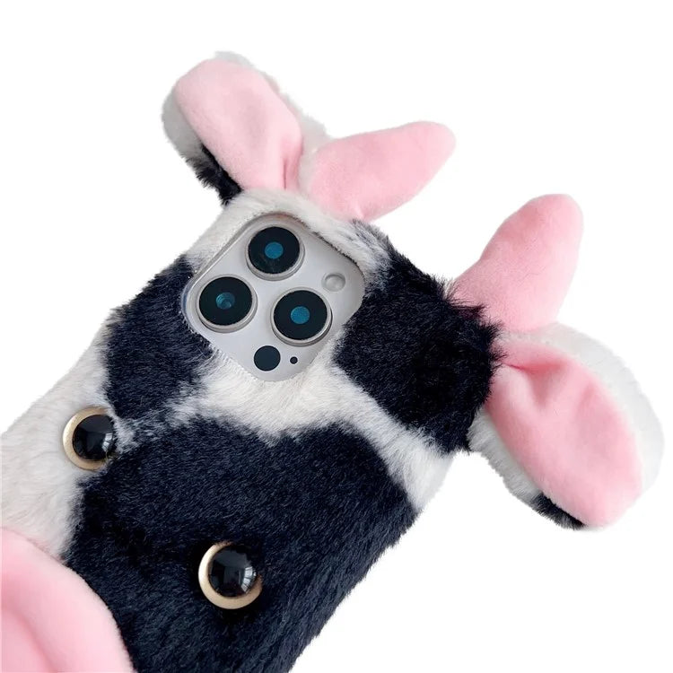 For iPhone 16 Pro Case Fluffy Cows Ear Anit-Drop Soft TPU Phone Cover