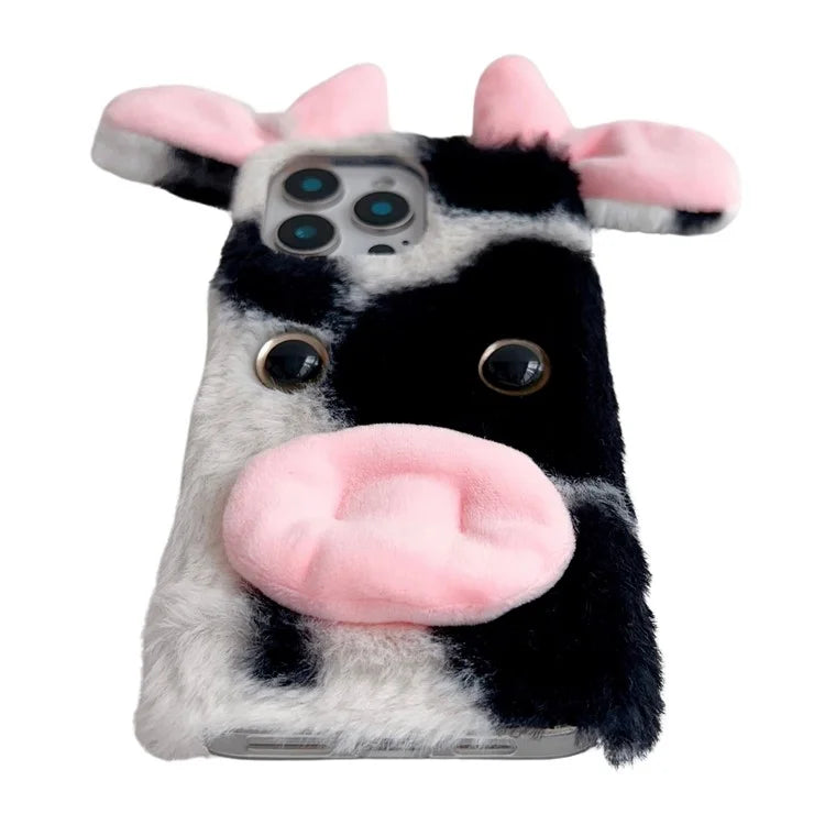 For iPhone 16 Pro Case Fluffy Cows Ear Anit-Drop Soft TPU Phone Cover