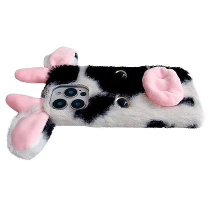 For iPhone 16 Pro Case Fluffy Cows Ear Anit-Drop Soft TPU Phone Cover