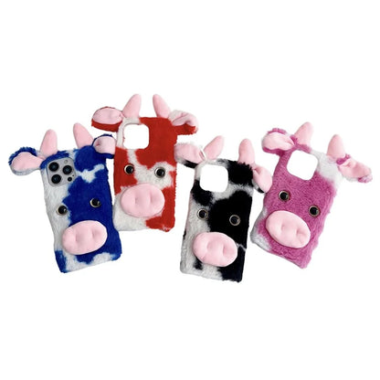 For iPhone 16 Pro Case Fluffy Cows Ear Anit-Drop Soft TPU Phone Cover