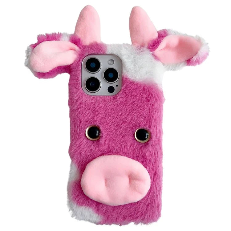 For iPhone 16 Pro Case Fluffy Cows Ear Anit-Drop Soft TPU Phone Cover