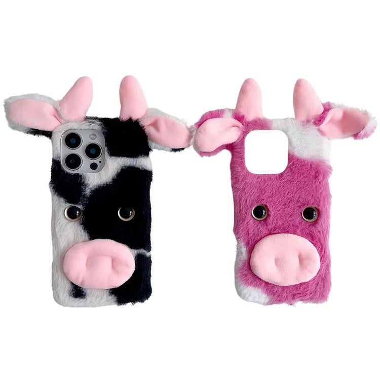 For iPhone 16 Pro Case Fluffy Cows Ear Anit-Drop Soft TPU Phone Cover