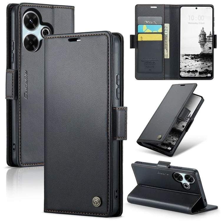 CASEME 023 Series For Xiaomi Redmi 13 5G  /  13 4G  /  Note 13R 5G Case RFID Blocking Glossy Stand Phone Cover