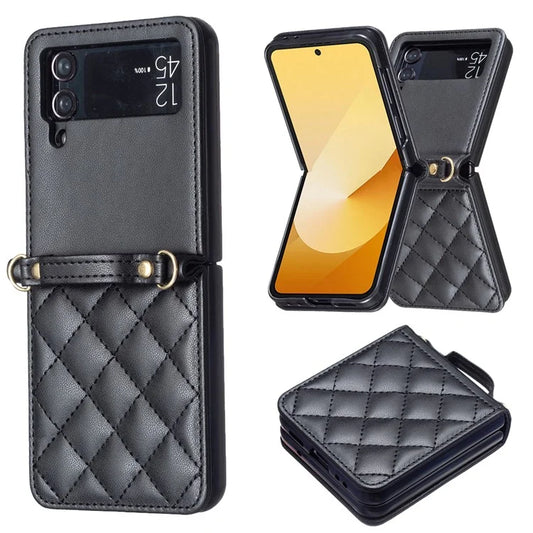 For Samsung Galaxy Z Flip4 5G Leather Back Case Rhombus Phone Cover with Shoulder Strap
