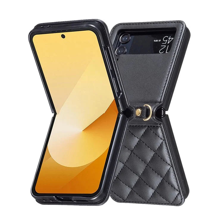 For Samsung Galaxy Z Flip4 5G Leather Back Case Rhombus Phone Cover with Shoulder Strap