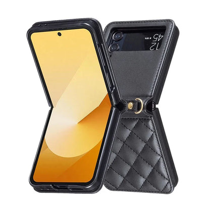 For Samsung Galaxy Z Flip4 5G Leather Back Case Rhombus Phone Cover with Shoulder Strap