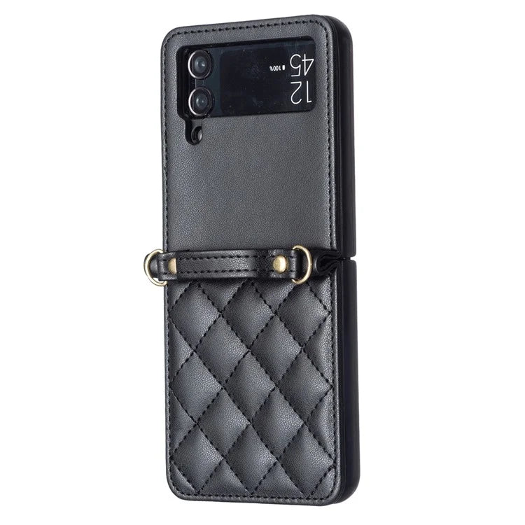 For Samsung Galaxy Z Flip4 5G Leather Back Case Rhombus Phone Cover with Shoulder Strap