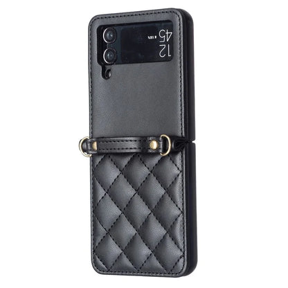 For Samsung Galaxy Z Flip4 5G Leather Back Case Rhombus Phone Cover with Shoulder Strap