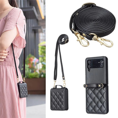 For Samsung Galaxy Z Flip4 5G Leather Back Case Rhombus Phone Cover with Shoulder Strap