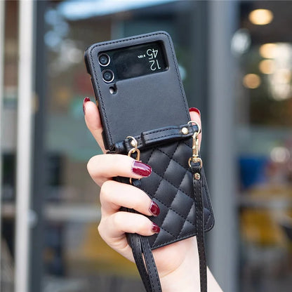 For Samsung Galaxy Z Flip4 5G Leather Back Case Rhombus Phone Cover with Shoulder Strap