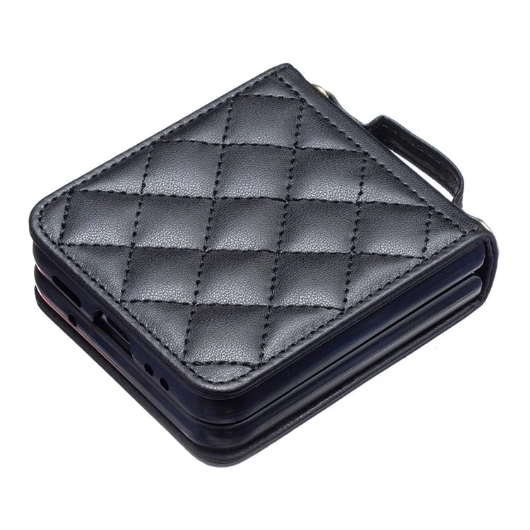 For Samsung Galaxy Z Flip4 5G Leather Back Case Rhombus Phone Cover with Shoulder Strap