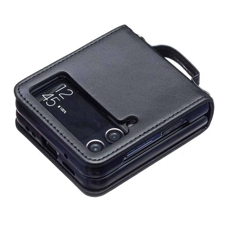 For Samsung Galaxy Z Flip4 5G Leather Back Case Rhombus Phone Cover with Shoulder Strap