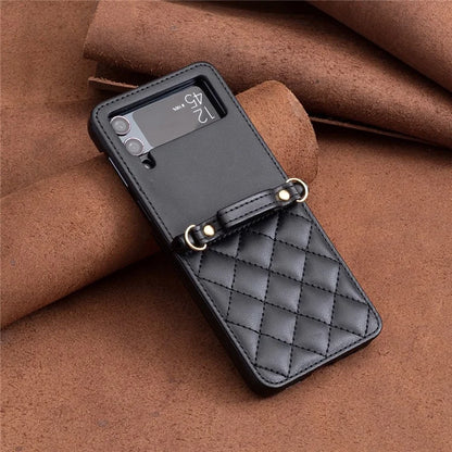 For Samsung Galaxy Z Flip4 5G Leather Back Case Rhombus Phone Cover with Shoulder Strap
