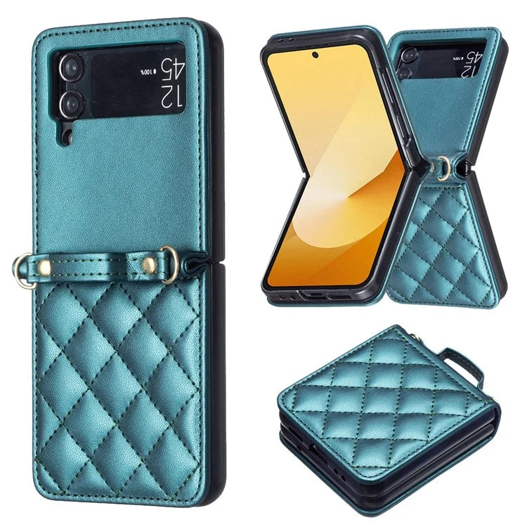 For Samsung Galaxy Z Flip4 5G Leather Back Case Rhombus Phone Cover with Shoulder Strap