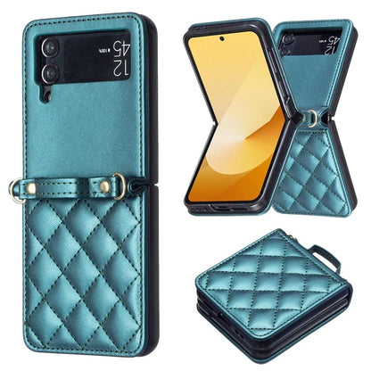 For Samsung Galaxy Z Flip4 5G Leather Back Case Rhombus Phone Cover with Shoulder Strap