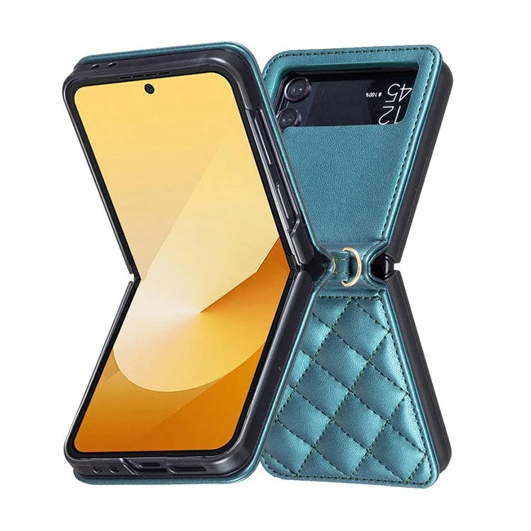 For Samsung Galaxy Z Flip4 5G Leather Back Case Rhombus Phone Cover with Shoulder Strap