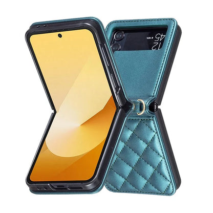 For Samsung Galaxy Z Flip4 5G Leather Back Case Rhombus Phone Cover with Shoulder Strap