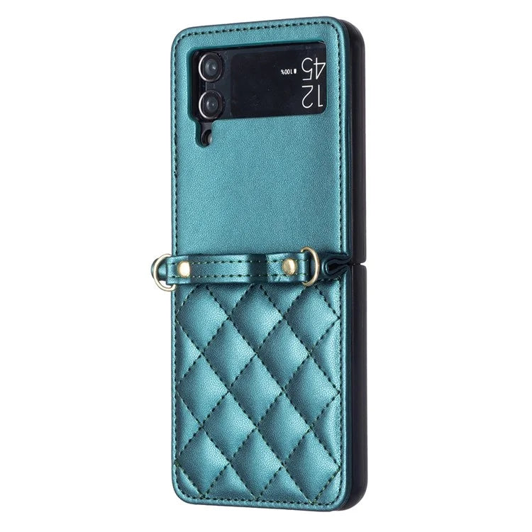 For Samsung Galaxy Z Flip4 5G Leather Back Case Rhombus Phone Cover with Shoulder Strap