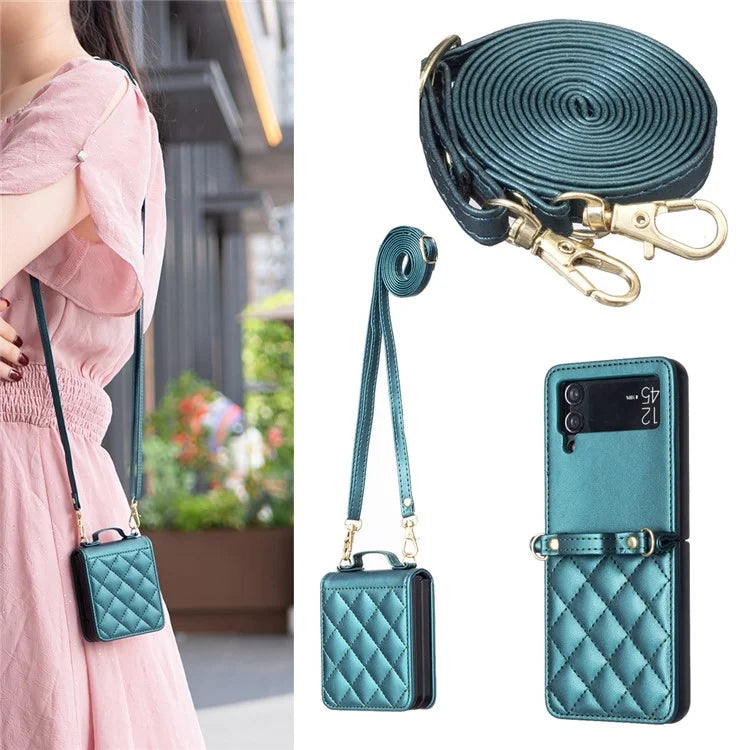 For Samsung Galaxy Z Flip4 5G Leather Back Case Rhombus Phone Cover with Shoulder Strap