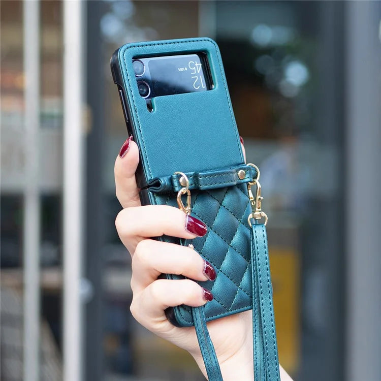 For Samsung Galaxy Z Flip4 5G Leather Back Case Rhombus Phone Cover with Shoulder Strap