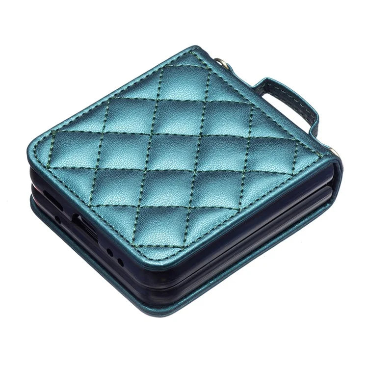 For Samsung Galaxy Z Flip4 5G Leather Back Case Rhombus Phone Cover with Shoulder Strap