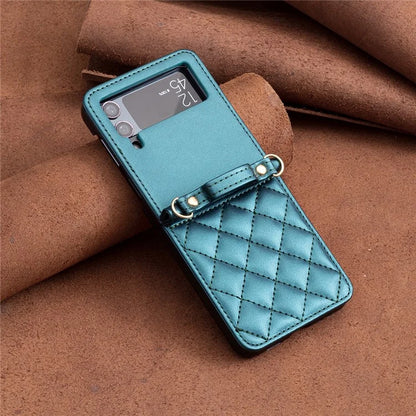 For Samsung Galaxy Z Flip4 5G Leather Back Case Rhombus Phone Cover with Shoulder Strap