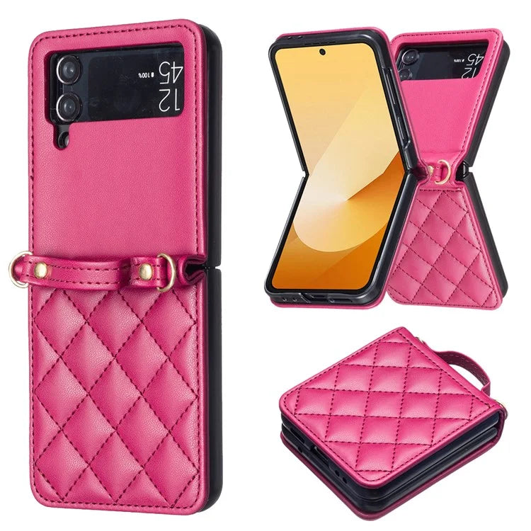 For Samsung Galaxy Z Flip4 5G Leather Back Case Rhombus Phone Cover with Shoulder Strap