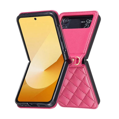 For Samsung Galaxy Z Flip4 5G Leather Back Case Rhombus Phone Cover with Shoulder Strap
