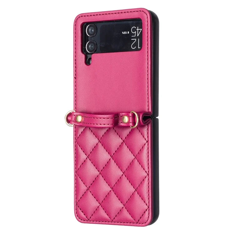 For Samsung Galaxy Z Flip4 5G Leather Back Case Rhombus Phone Cover with Shoulder Strap