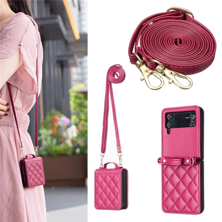 For Samsung Galaxy Z Flip4 5G Leather Back Case Rhombus Phone Cover with Shoulder Strap