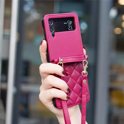 For Samsung Galaxy Z Flip4 5G Leather Back Case Rhombus Phone Cover with Shoulder Strap