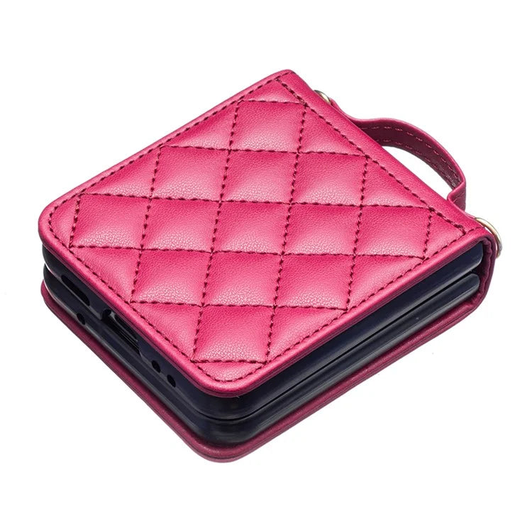 For Samsung Galaxy Z Flip4 5G Leather Back Case Rhombus Phone Cover with Shoulder Strap