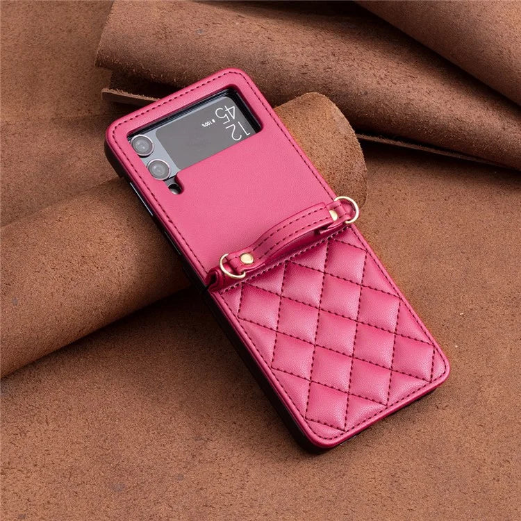 For Samsung Galaxy Z Flip4 5G Leather Back Case Rhombus Phone Cover with Shoulder Strap
