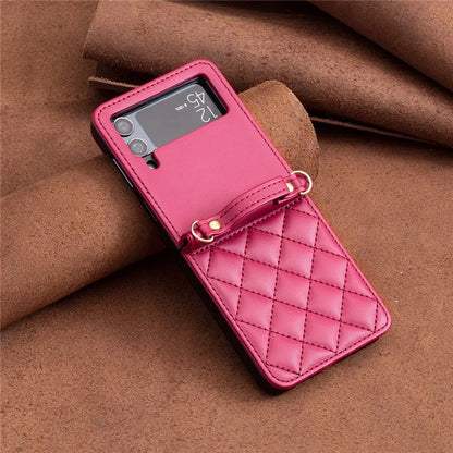 For Samsung Galaxy Z Flip4 5G Leather Back Case Rhombus Phone Cover with Shoulder Strap