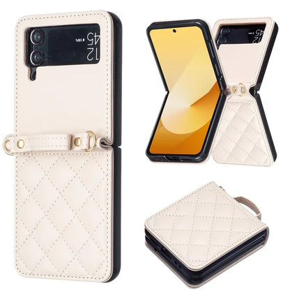 For Samsung Galaxy Z Flip4 5G Leather Back Case Rhombus Phone Cover with Shoulder Strap