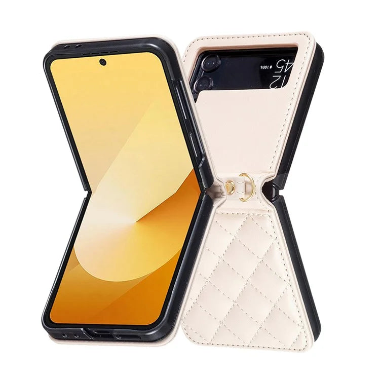 For Samsung Galaxy Z Flip4 5G Leather Back Case Rhombus Phone Cover with Shoulder Strap