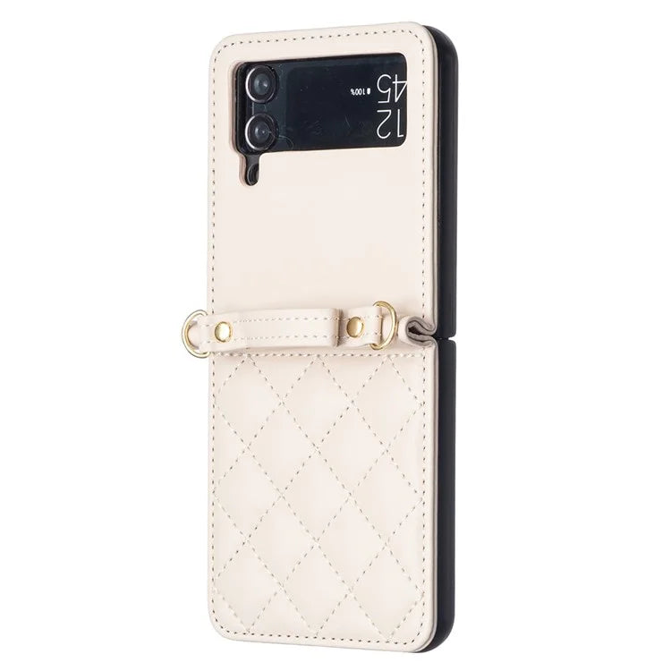For Samsung Galaxy Z Flip4 5G Leather Back Case Rhombus Phone Cover with Shoulder Strap
