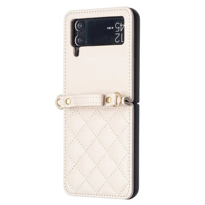 For Samsung Galaxy Z Flip4 5G Leather Back Case Rhombus Phone Cover with Shoulder Strap