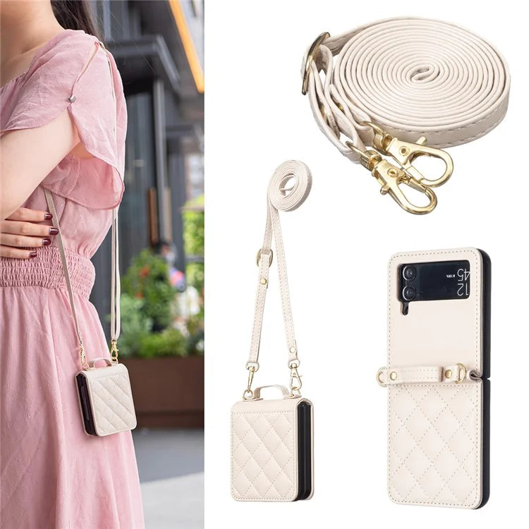 For Samsung Galaxy Z Flip4 5G Leather Back Case Rhombus Phone Cover with Shoulder Strap