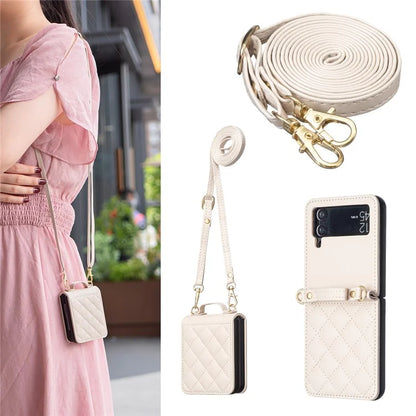 For Samsung Galaxy Z Flip4 5G Leather Back Case Rhombus Phone Cover with Shoulder Strap
