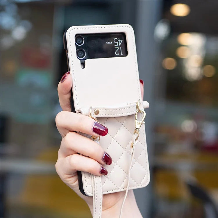 For Samsung Galaxy Z Flip4 5G Leather Back Case Rhombus Phone Cover with Shoulder Strap